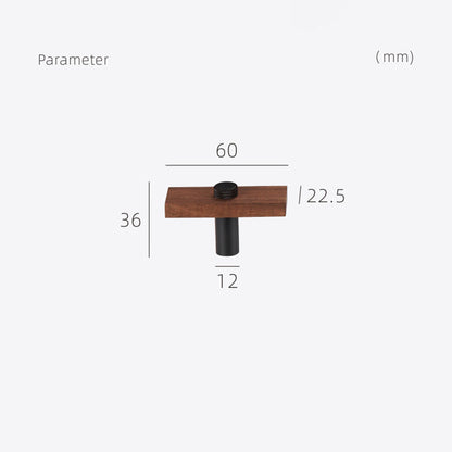 Wood-grain cabinet pull with metal posts, dimension diagram showing its overall size and hole spacing