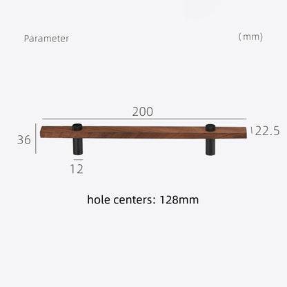 Wood-grain cabinet pull with round black or gold metal posts, measurement diagram showing length, width, and projection