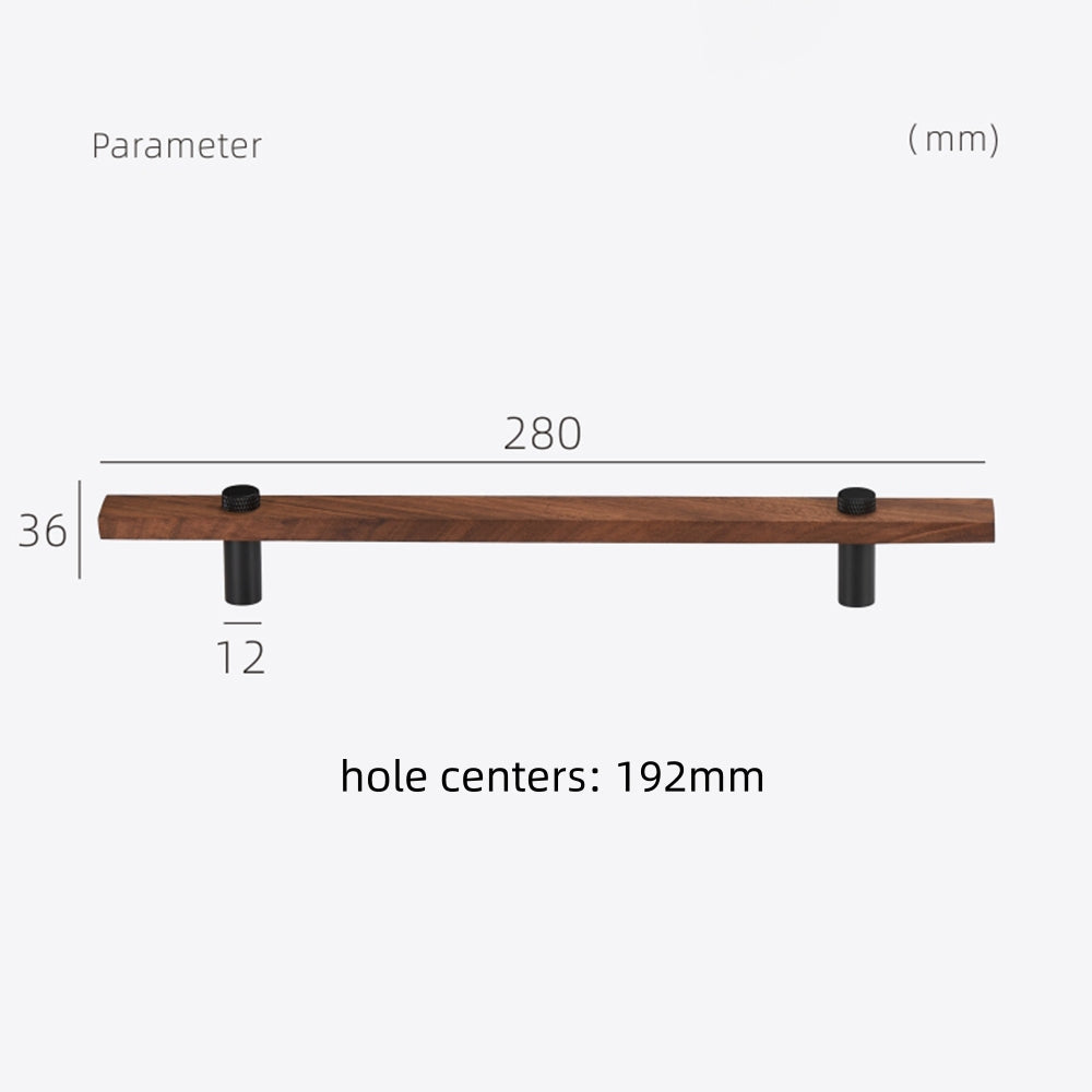 Wood-grain cabinet pull with metal posts, dimension reference with the center-to-center spacing marked