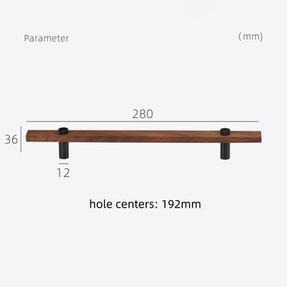 Wood-grain cabinet pull with metal posts, dimension reference with the center-to-center spacing marked