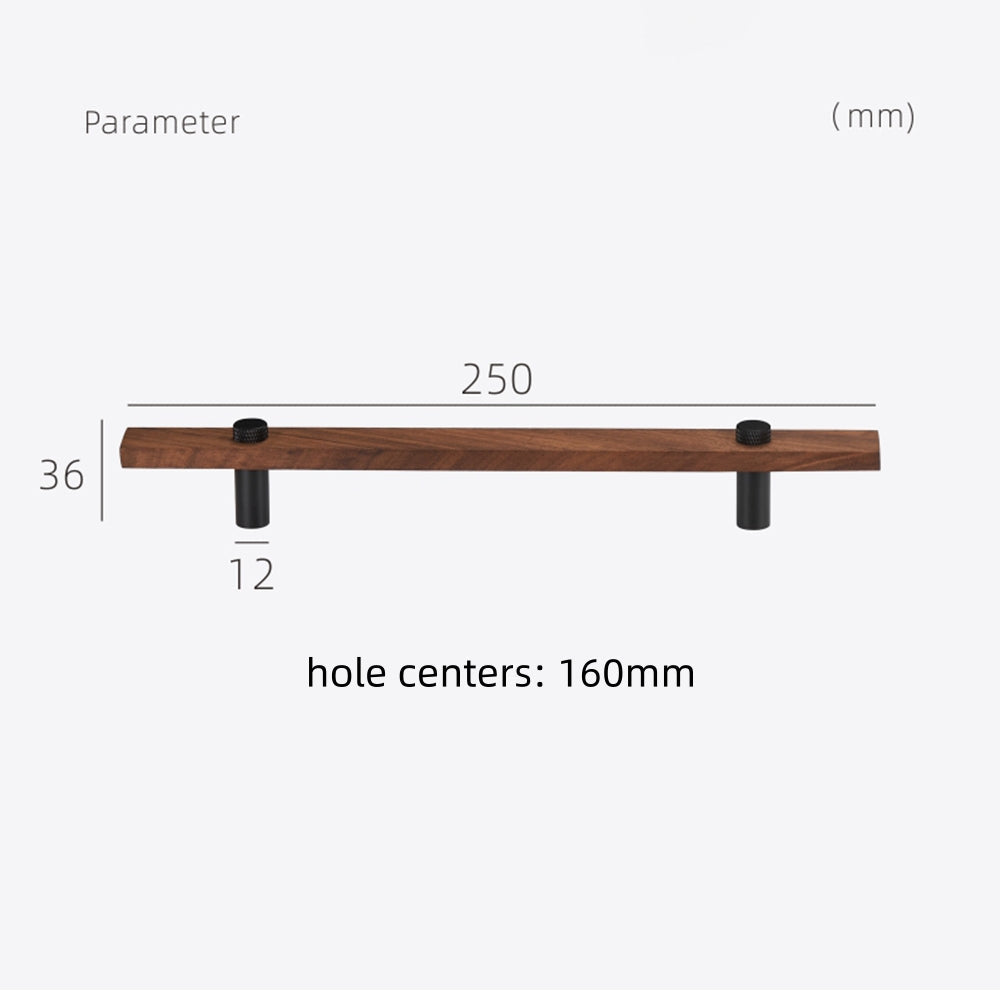 Wood-grain cabinet pull with metal posts, measurement view showing overall length and mounting centers
