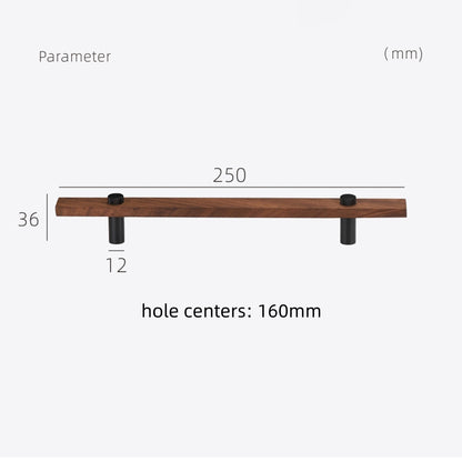 Wood-grain cabinet pull with metal posts, measurement view showing overall length and mounting centers