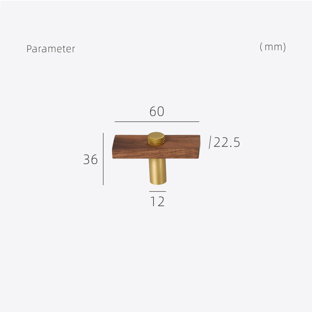 Wood-grain cabinet pull with metal posts, dimension diagram with width, height, and hole spacing marked