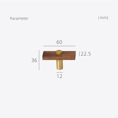 Wood-grain cabinet pull with metal posts, dimension diagram with width, height, and hole spacing marked