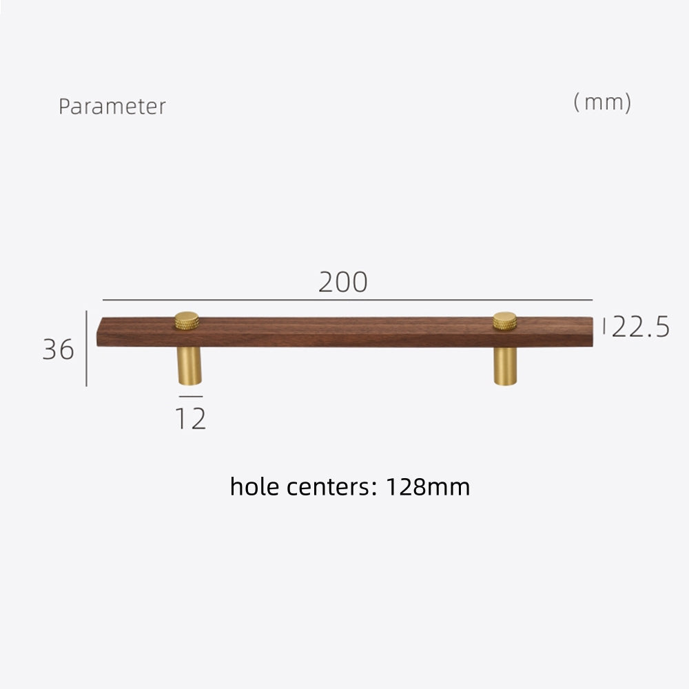 Wood-grain cabinet pull with metal posts, measurement view with the pull length and post spacing labeled