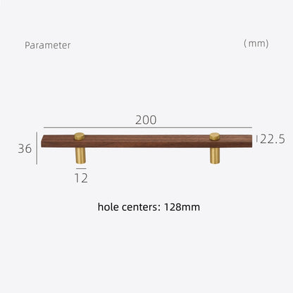 Wood-grain cabinet pull with metal posts, measurement view with the pull length and post spacing labeled