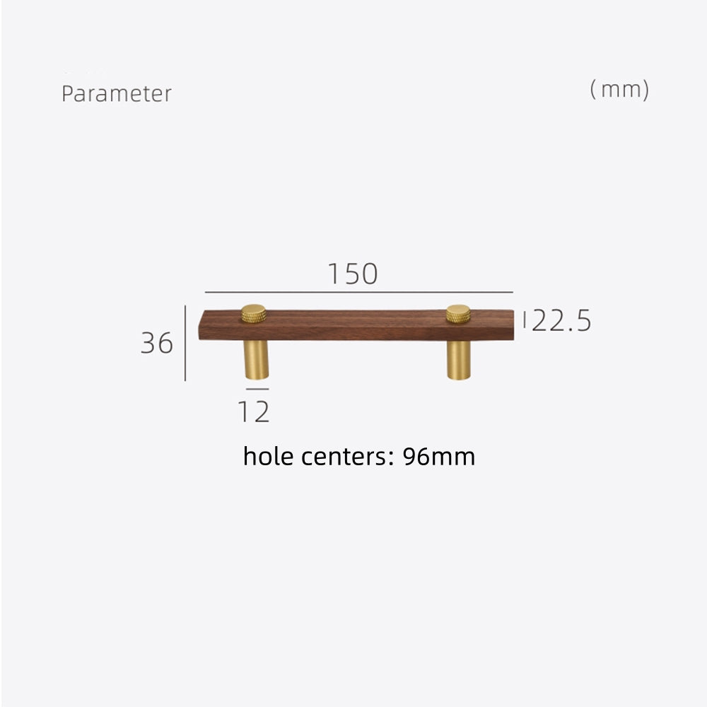 Wood-grain cabinet pull with metal posts, dimension reference showing the face and mounting dimensions