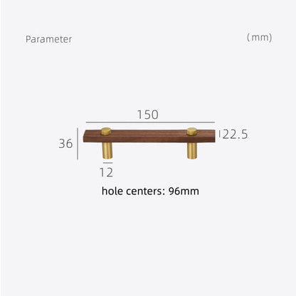 Wood-grain cabinet pull with metal posts, dimension reference showing the face and mounting dimensions