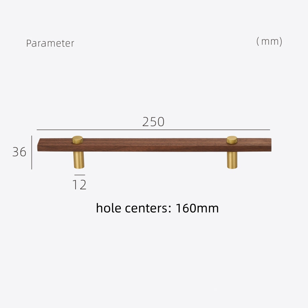 Wood-grain cabinet pull with metal posts, size chart comparing available lengths and mounting centers