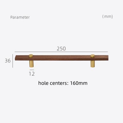 Wood-grain cabinet pull with metal posts, size chart comparing available lengths and mounting centers