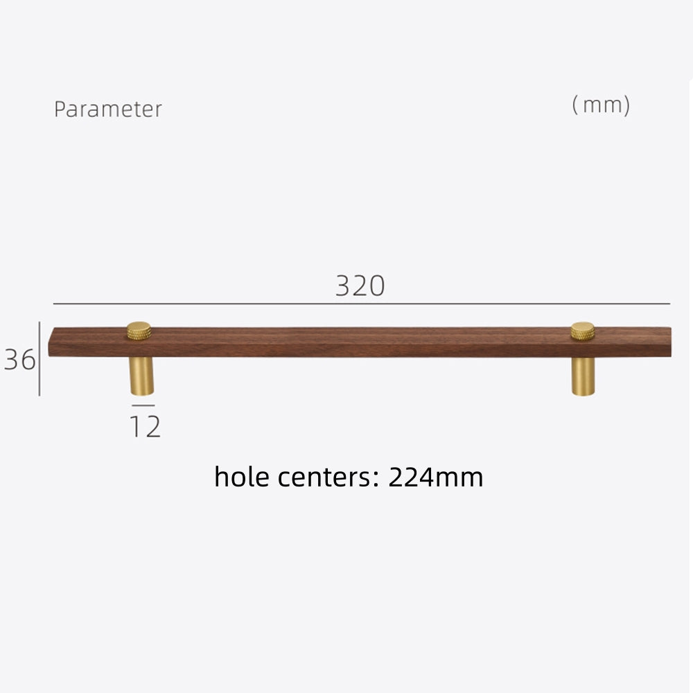 Wood-grain cabinet pull with round black or gold metal posts, dimension diagram for an alternate size option
