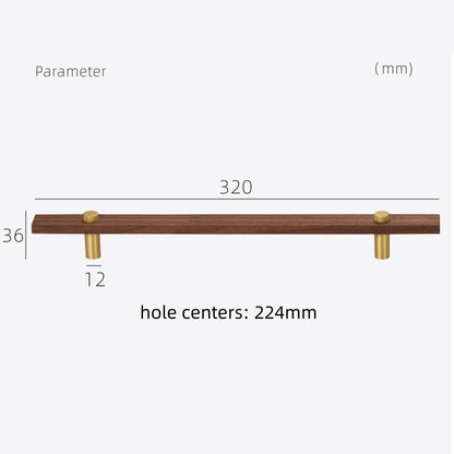 Wood-grain cabinet pull with round black or gold metal posts, dimension diagram for an alternate size option