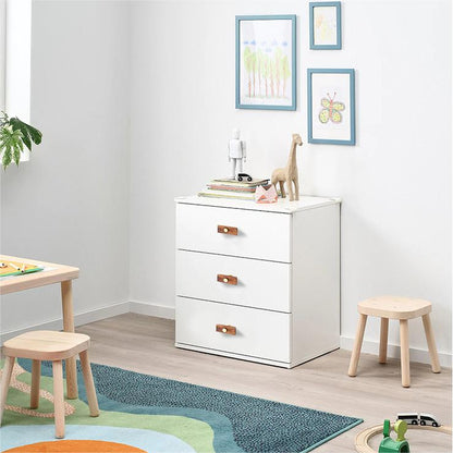 Wood-grain cabinet pull with round black or gold metal posts, installed on a dresser or sideboard in a wider view