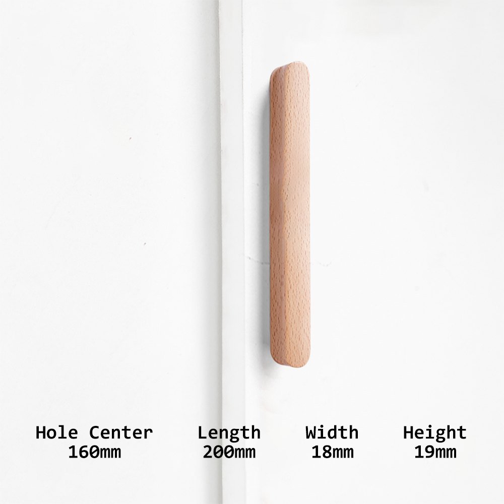 Rounded wood cabinet pull in a light or coffee finish, measurement diagram showing length, width, and projection