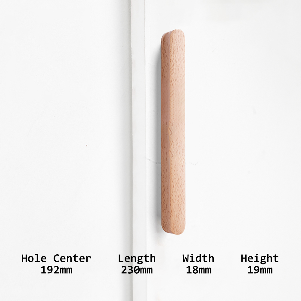 Rounded wood cabinet pull in a light or coffee finish, dimension reference with the center-to-center spacing marked