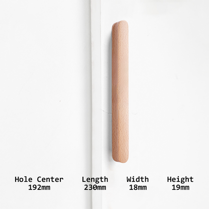 Rounded wood cabinet pull in a light or coffee finish, dimension reference with the center-to-center spacing marked