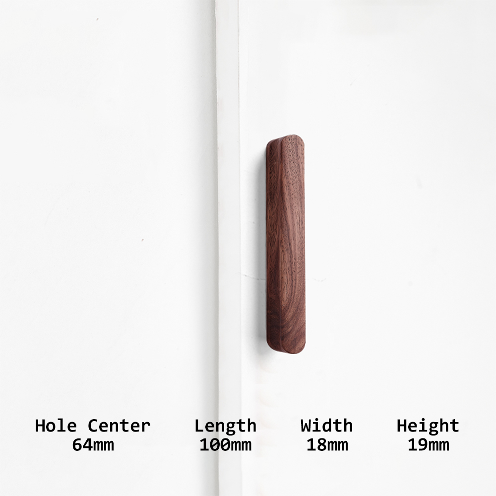 Rounded wood cabinet pull in a light or coffee finish, measurement view showing overall length and mounting centers