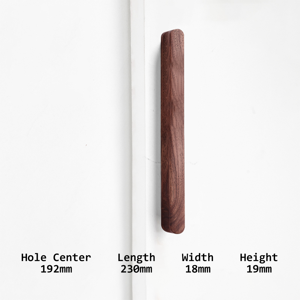 Rounded wood cabinet pull in a light or coffee finish, measurement view with the pull length and post spacing labeled