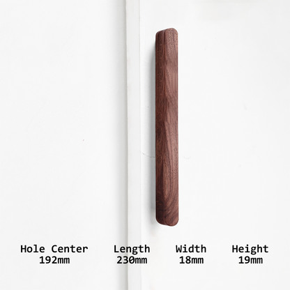 Rounded wood cabinet pull in a light or coffee finish, measurement view with the pull length and post spacing labeled