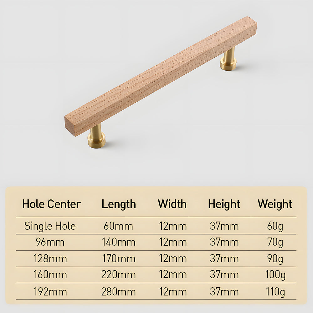 Square wood cabinet pull with round brass bases, dimension diagram showing its overall size and hole spacing