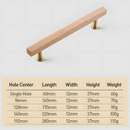Square wood cabinet pull with round brass bases, dimension diagram showing its overall size and hole spacing