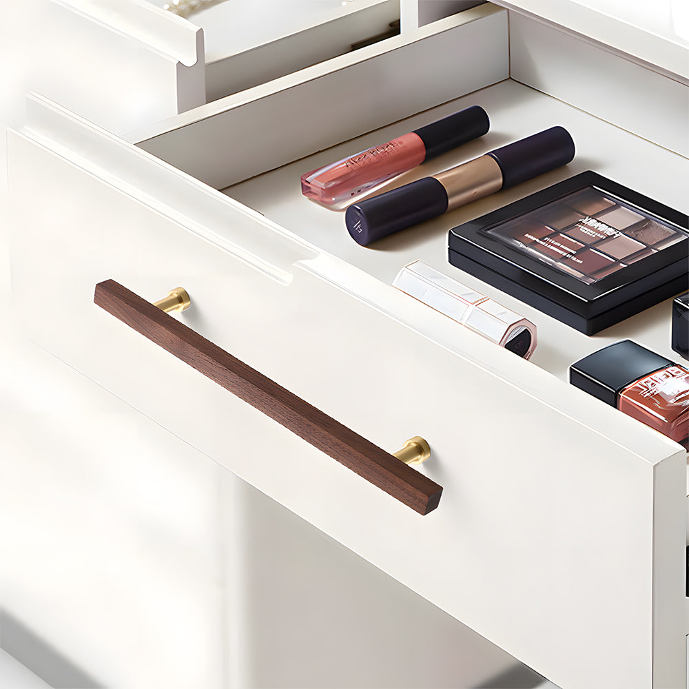 Square wood cabinet pull in brown with 192 mm centers, shown as matching hardware on stacked drawers