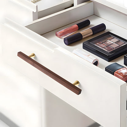 Square wood cabinet pull in brown with 192 mm centers, shown as matching hardware on stacked drawers