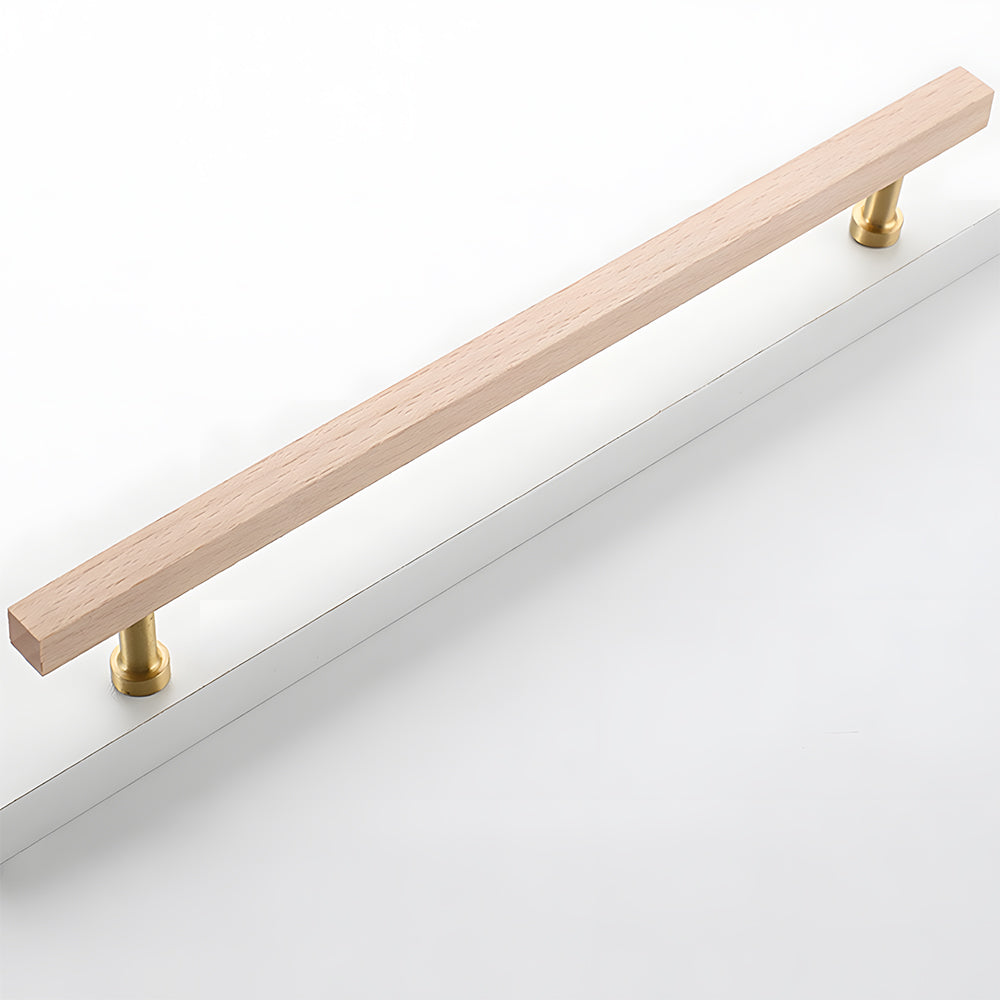 Square wood cabinet pull with round brass bases, shown horizontally on a simple light surface