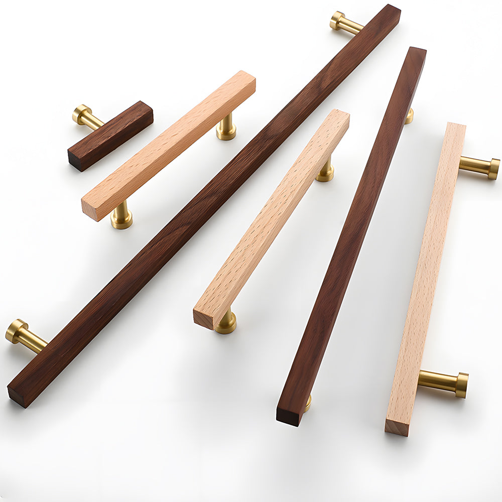 Square wood cabinet pull with round brass bases, shown in a styled group with multiple available versions