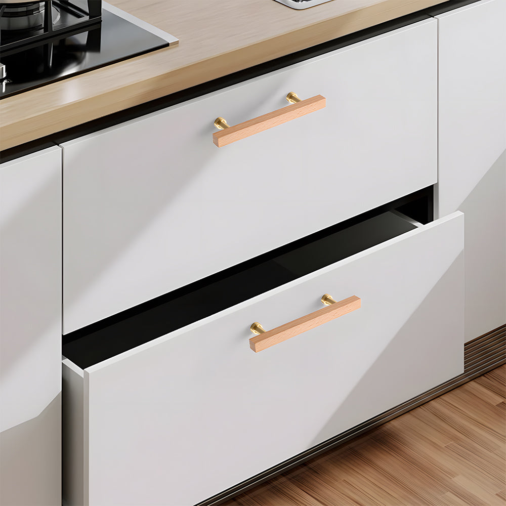 Square wood cabinet pull in white with 96 mm centers, shown across several drawer fronts in a cabinet scene