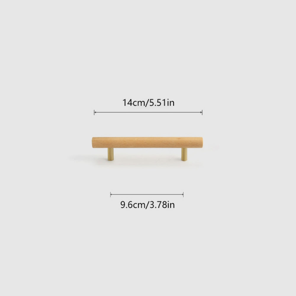 Wood and brass cabinet pull with a round bar profile, dimension diagram showing its overall size and hole spacing