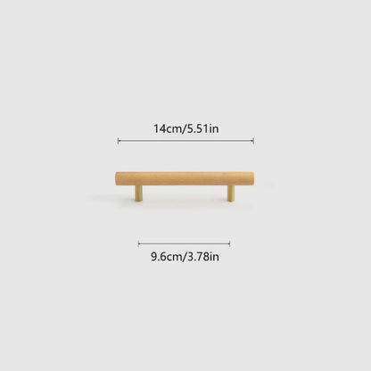 Wood and brass cabinet pull with a round bar profile, dimension diagram showing its overall size and hole spacing