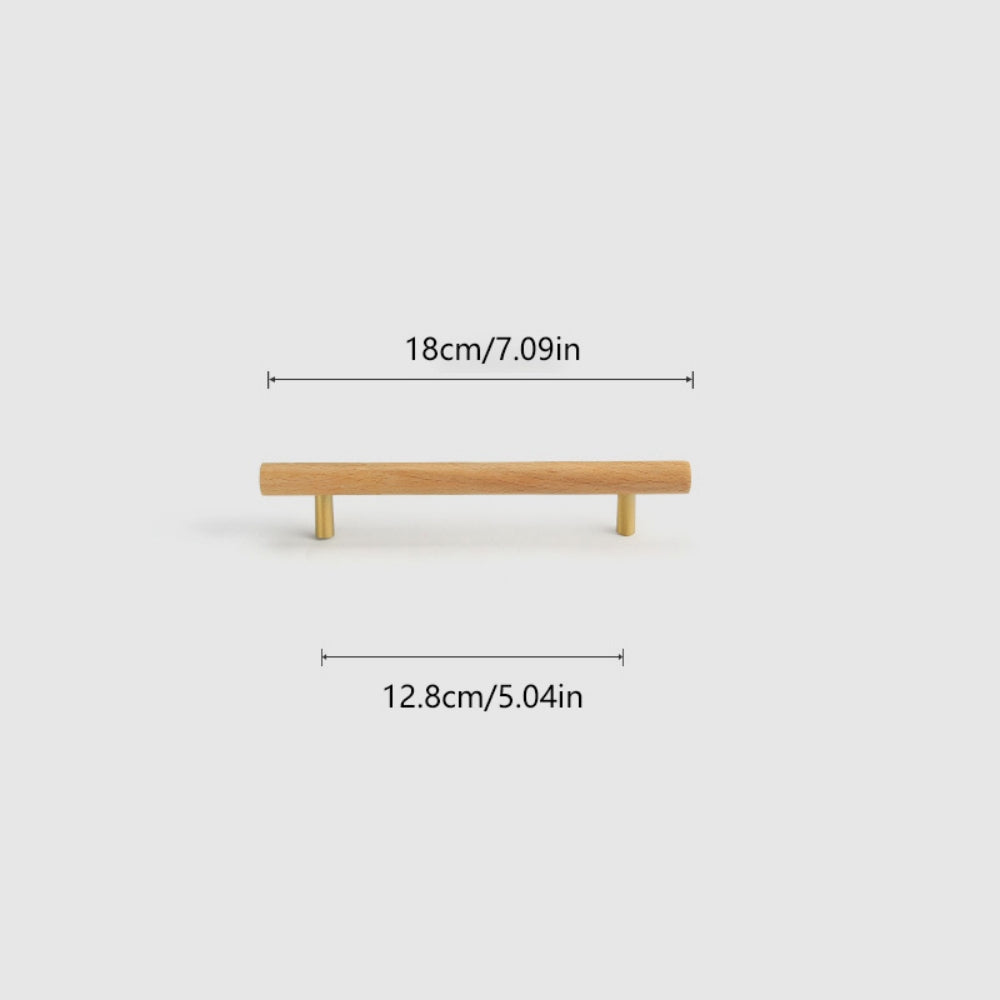 Wood and brass cabinet pull with a round bar profile, measurement diagram showing length, width, and projection