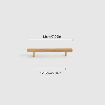 Wood and brass cabinet pull with a round bar profile, measurement diagram showing length, width, and projection