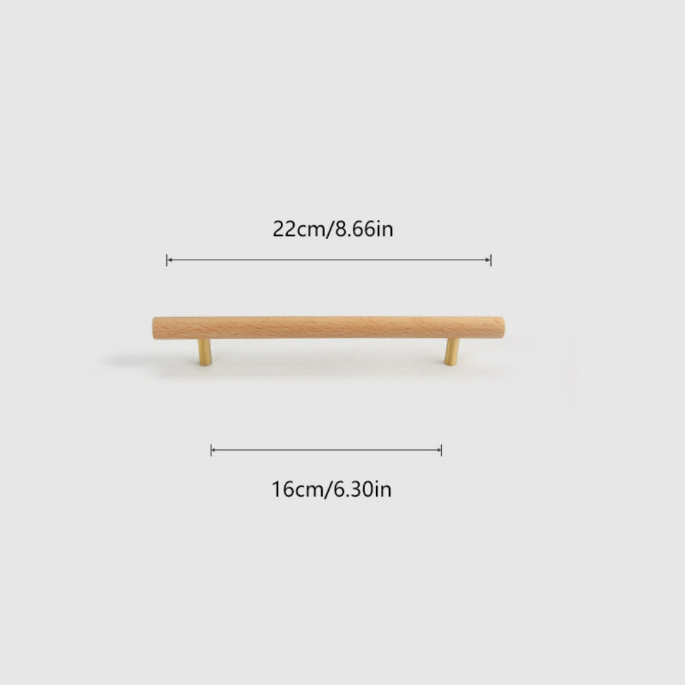 Wood and brass cabinet pull with a round bar profile, dimension reference with the center-to-center spacing marked