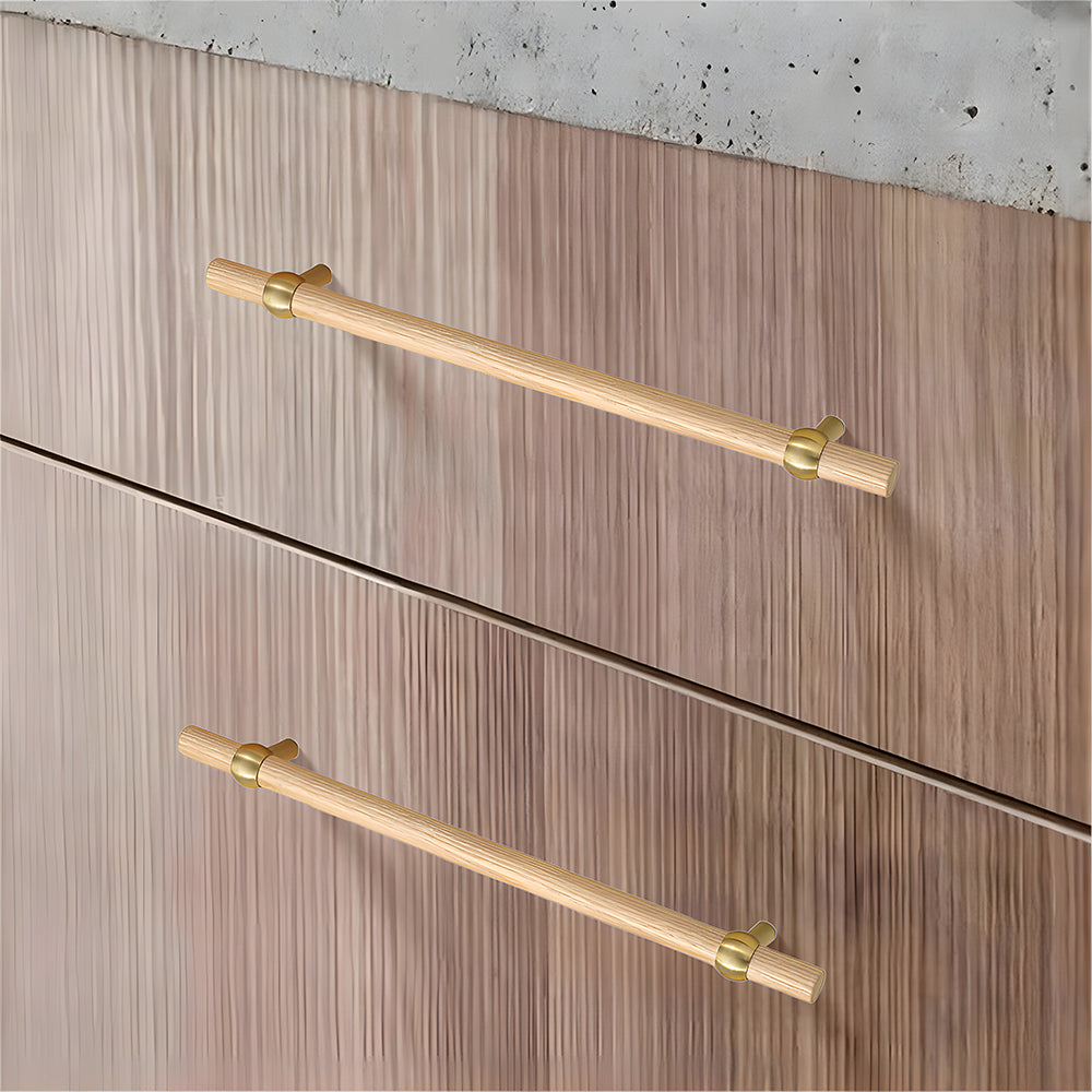 Wood round bar cabinet pull in white with 192 mm centers, shown across several drawer fronts in a cabinet scene