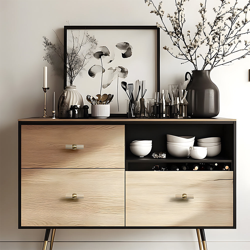 Wood round bar cabinet pull as a white single-hole version, installed on a dresser or sideboard in a wider view