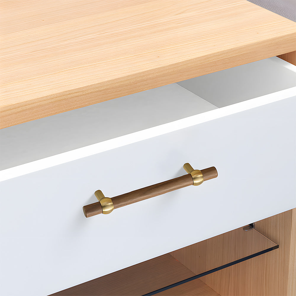 Wood round bar cabinet pull in brown with 96 mm centers, shown in use on a pulled-open drawer
