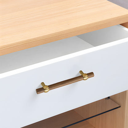 Wood round bar cabinet pull in brown with 96 mm centers, shown in use on a pulled-open drawer