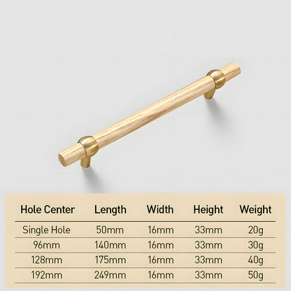 Wood and brass round bar cabinet pull with collar details, dimension diagram showing its overall size and hole spacing