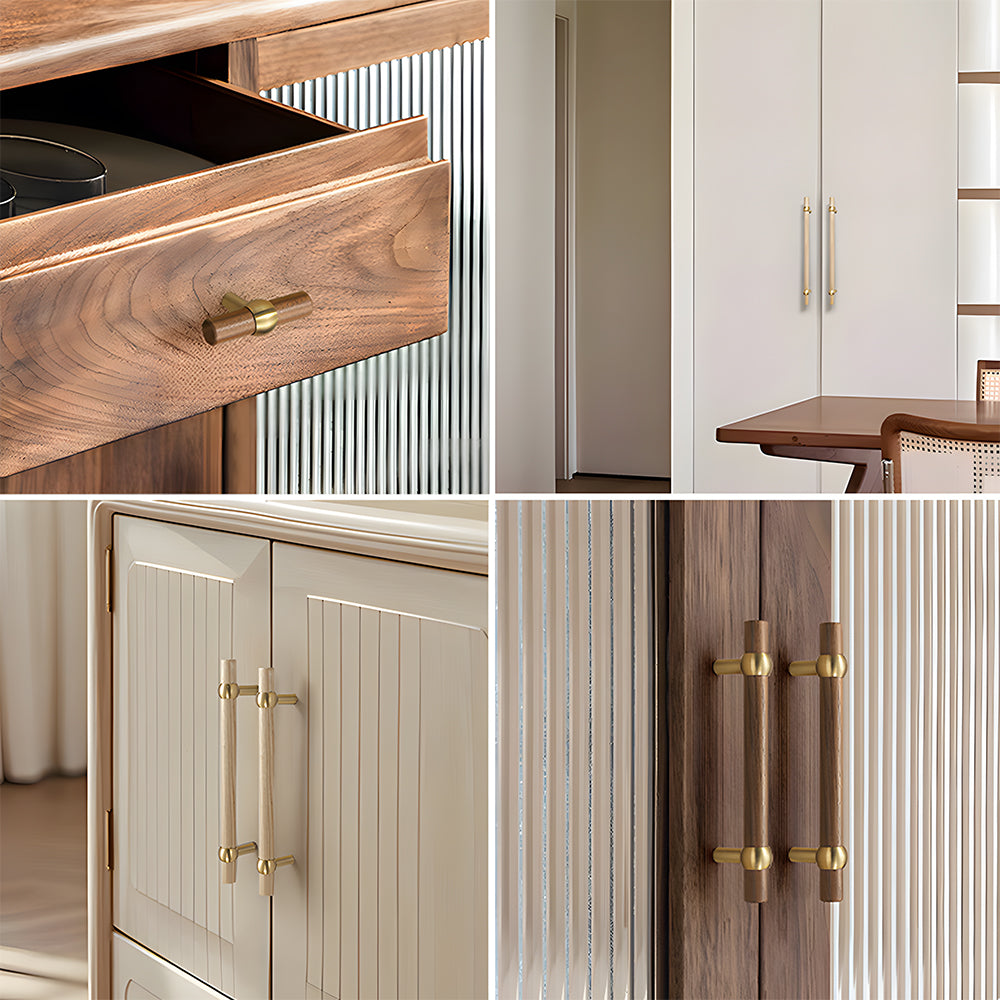 Wood and brass round bar cabinet pull with collar details, shown across a complete storage cabinet in a room setting