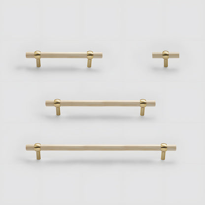 Wood and brass round bar cabinet pull with collar details, shown in a straight lineup comparing available lengths