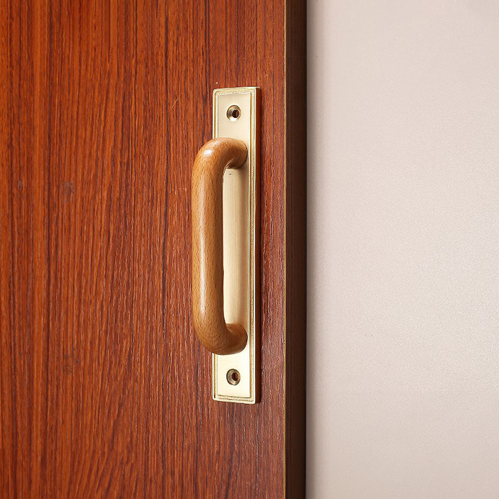 Wood cabinet pull with a rectangular metal backplate, shown in a focused view installed on cabinetry in context
