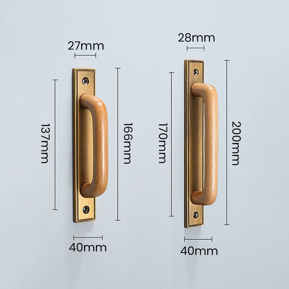 Wood cabinet pull with a rectangular metal backplate, shown clearly with dimensions and centers labeled