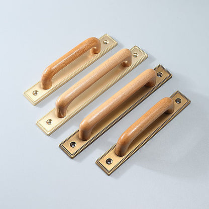 Wood cabinet pull with a rectangular metal backplate, shown from one angle as a color and finish lineup