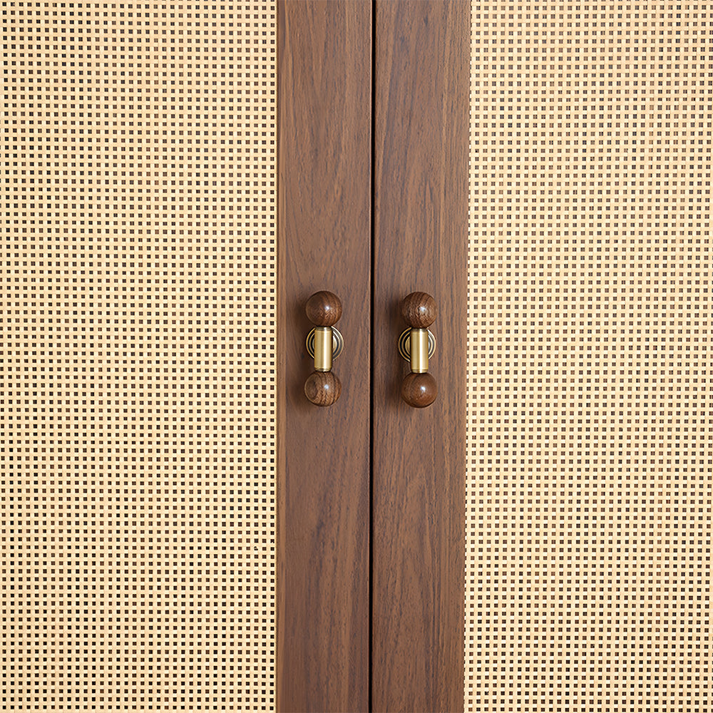 Round wood bar cabinet pull with brass mounts, installed on light cabinet doors with the profile visible