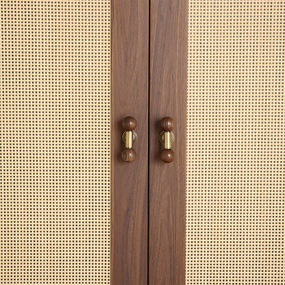 Round wood bar cabinet pull with brass mounts, installed on light cabinet doors with the profile visible