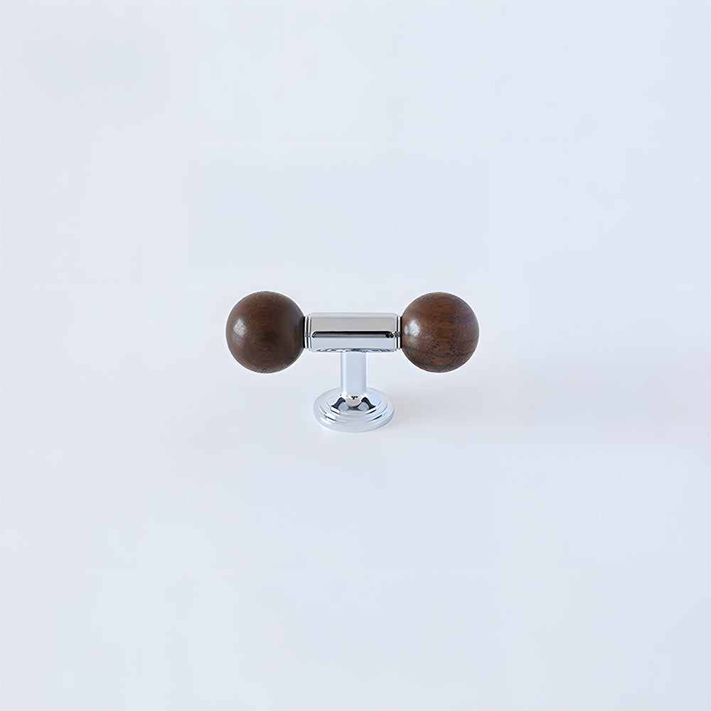 Round wood cabinet knob with a brass or silver mount as a silver single-hole version, shown alone on a light background
