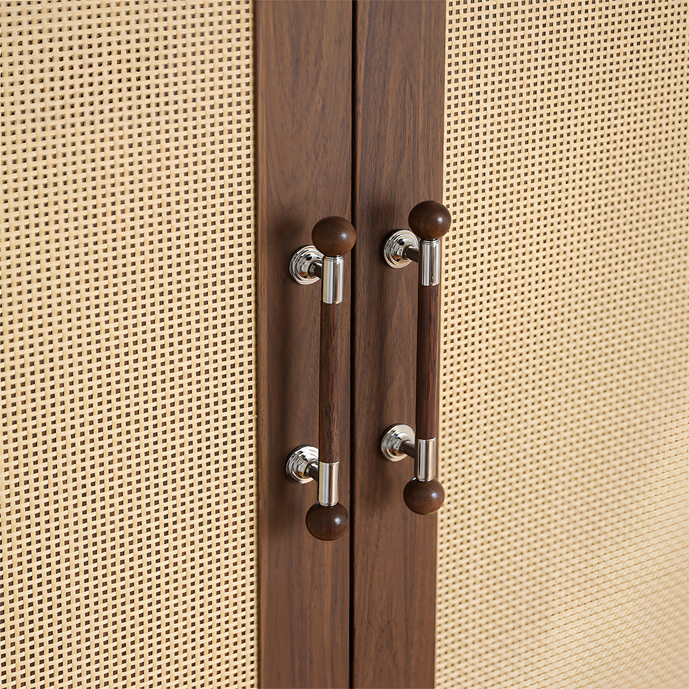 Round wood cabinet pull in silver with 96 mm centers, mounted on tall cabinet doors in a wider room view