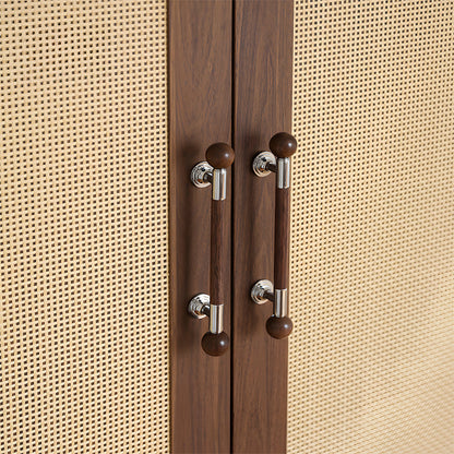 Round wood cabinet pull in silver with 96 mm centers, mounted on tall cabinet doors in a wider room view